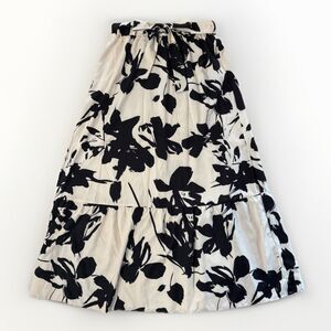 SHEIN Maxi Skirt Cream Black Floral Tiered Elastic Waist Tie Belt Size Large